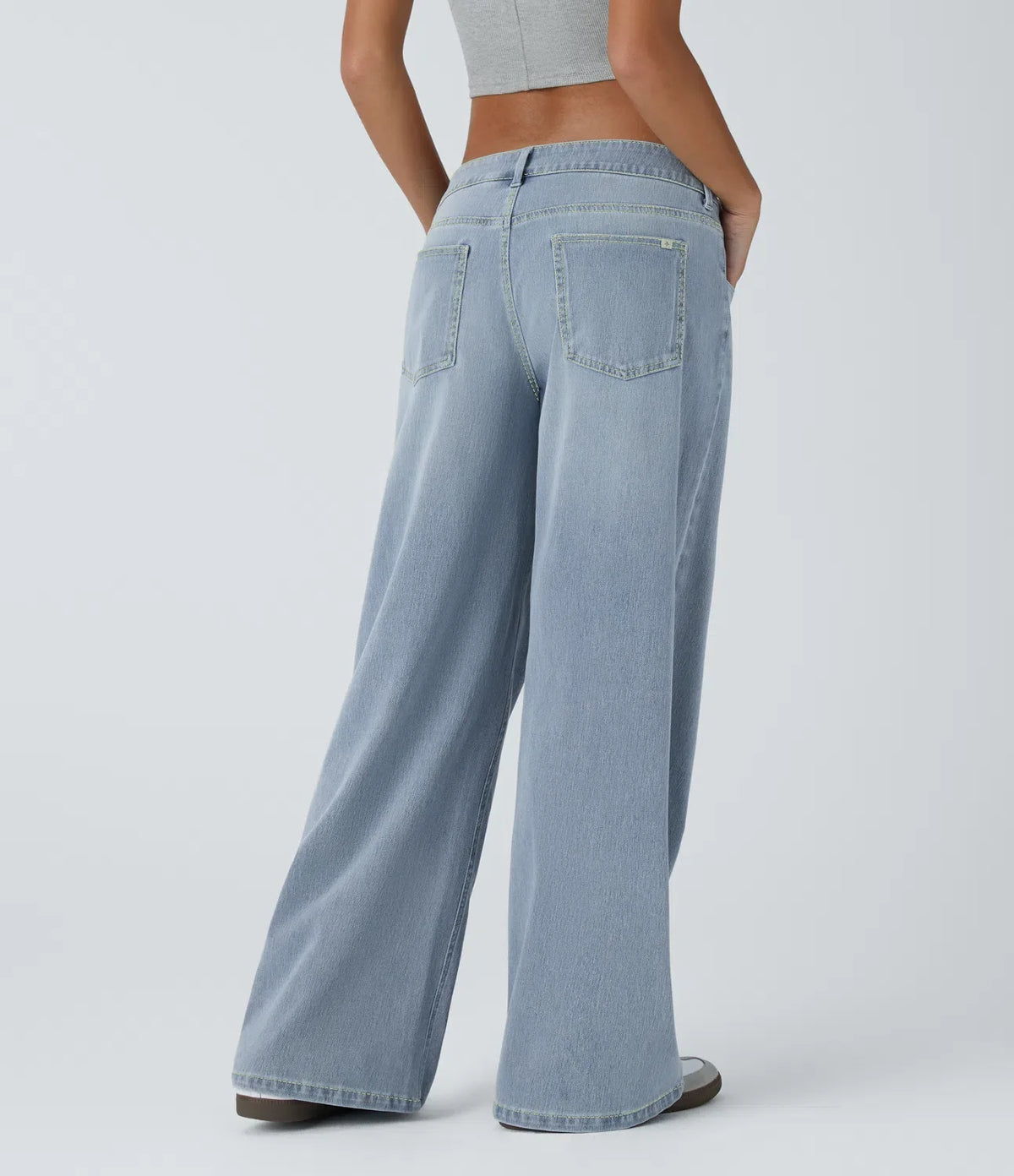 Asymmetric Low-Rise Baggy Wide-Leg Washed Jeans with Zipper Pockets