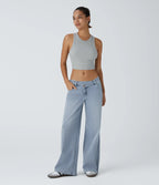 Asymmetric Low-Rise Baggy Wide-Leg Washed Jeans with Zipper Pockets