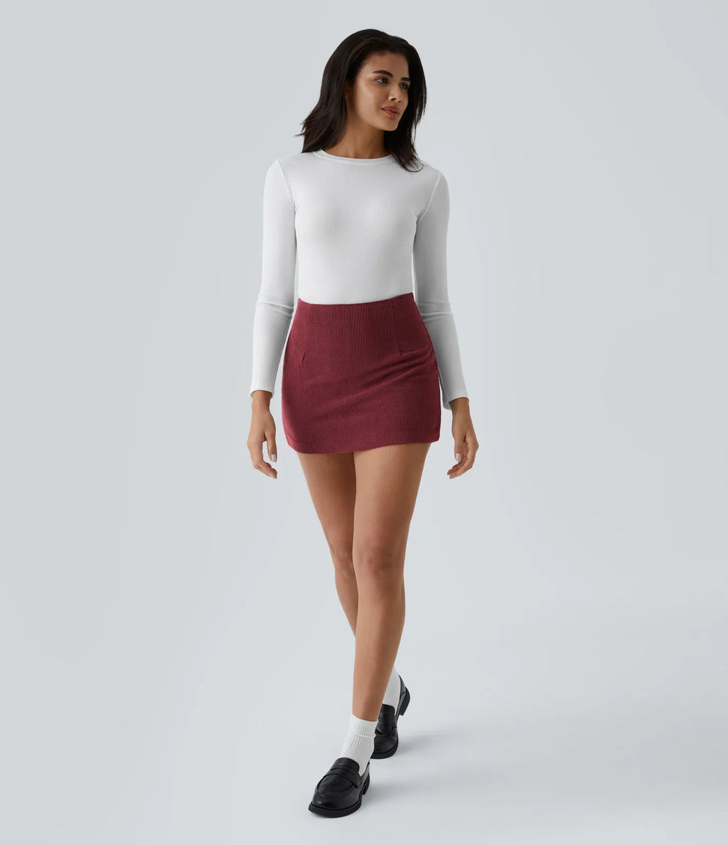 High-Waisted 2-in-1 A-Line Mini Corduroy Skirt with Shorts